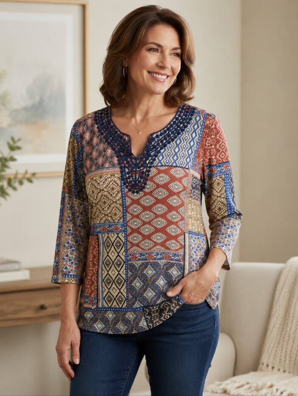 Alfred Dunner Womens Small Patchwork Geometric Top 3/4 Sleeve Embellished Boho